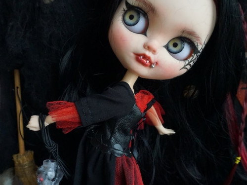 Blythe OOAK custom doll,Blythe doll, Halloween doll, handmade, art doll, piercing, vampire teeth, collectible, Carmela by BlythedollsbyDanidi