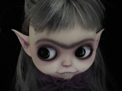 Blythe doll custom OOAK creepy purple ghoul with ears and teeth by artbycarla